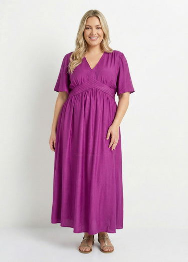 Robe longue taille haute plissée, col V Violet