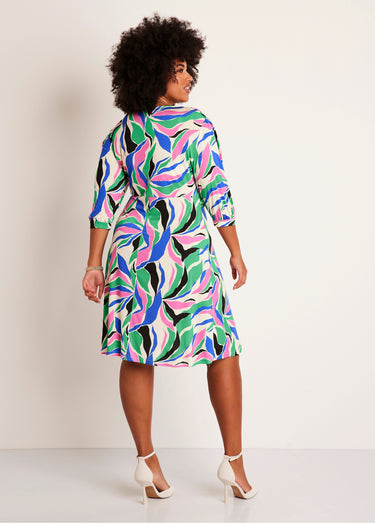 Robe maille courte évasée motif graphique Bleu/Rose