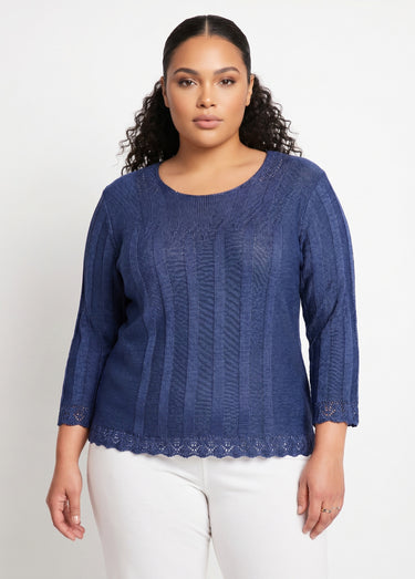 Pull court ajouré col rond Bleu