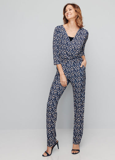 Combi-pantalon imprimée manches 3/4 Marine/Miel