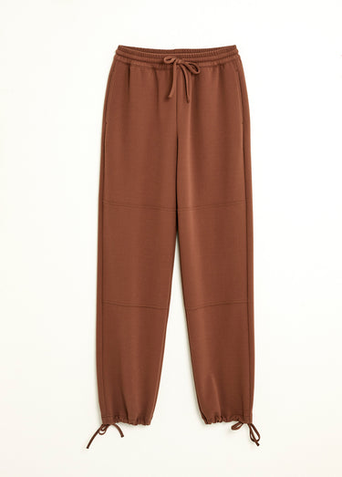 Pantalon large ceinture élastiquée maille crêpe unie Marron