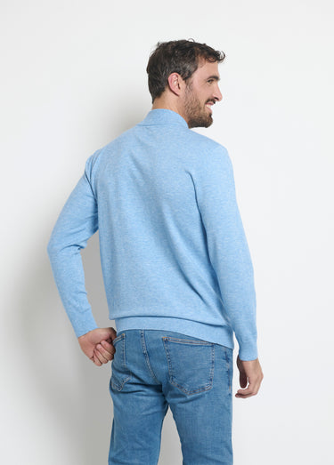 Pull chiné col montant fines côtes Bleu Chine