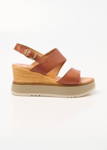 Sandales cuir compensées, talon aspect bois Marron