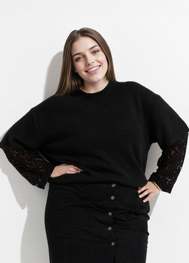 Pull chaud avec laine, manches dentelle Noir