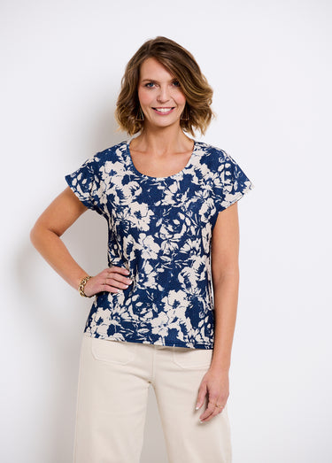 T-shirt manches courtes uni ou imprimé fleurs Marine/Beige