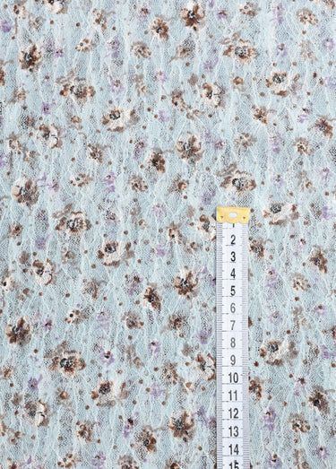Coupon tissu dentelle fleurettes 1C Imprime Fond Bleu