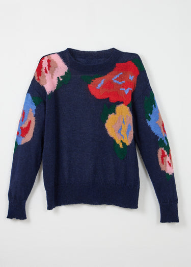 Pull col rond avec mohair jacquard fleuri Marine/Tomette