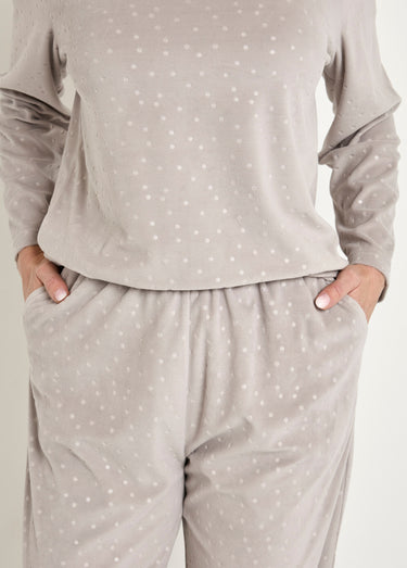 Pyjama pantalon col rond velours embossé pois Gris