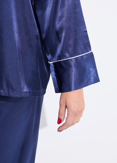 Pyjama long satin passepoil contrastant Marine