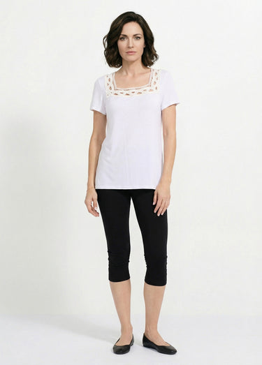 T-shirt long évasé col carré effet brodé Blanc
