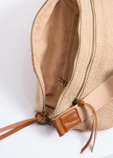 Grand sac banane en jute + détails cuir Beige