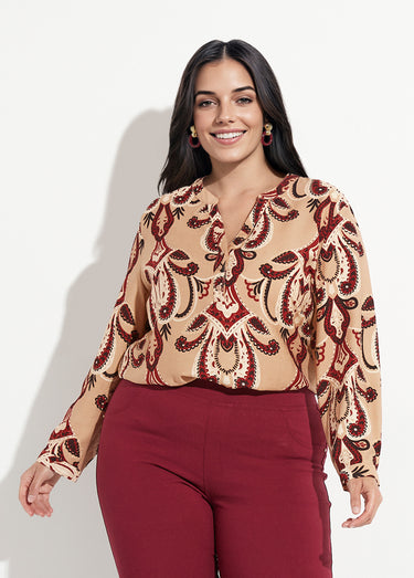 Blouse col V boutonné imprimé acanthes Beige
