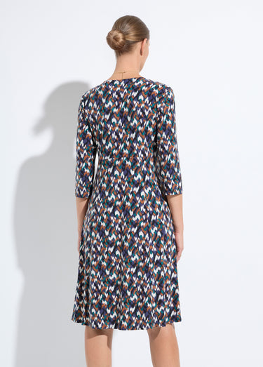 Robe courte évasée manches 3/4 imprimé graphique Marine/Vert