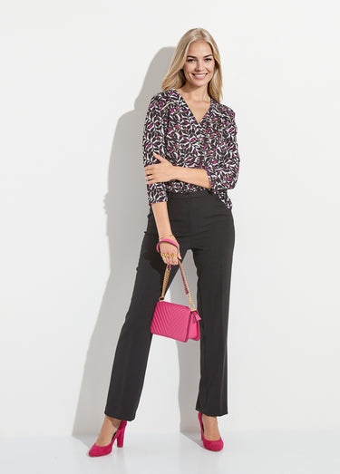 T-shirt court col V manches 3/4 imprimé feuilles Ecru/Rose