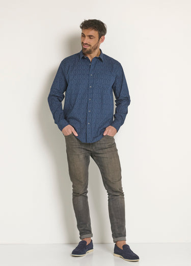 Chemise coton micro motif manches longues Marine