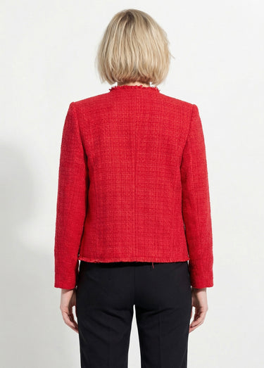 Veste tweed boutonnée frangée sans col Rouge