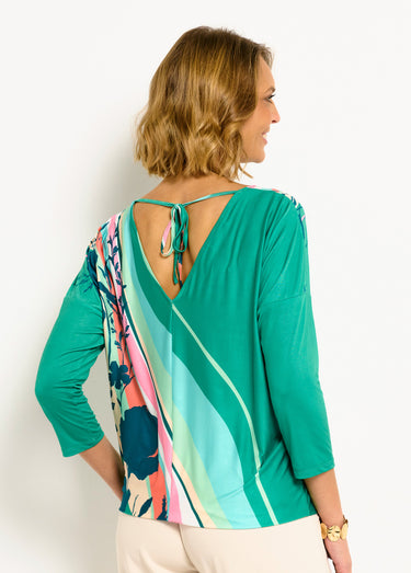 T-shirt manches 3/4 blousant à motif Vert/Rose