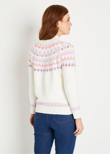 Pull chaud court col montant jacquard soleil Ecru/Rose