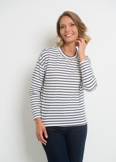T-shirt rayures avec encolure strass Blanc Raye