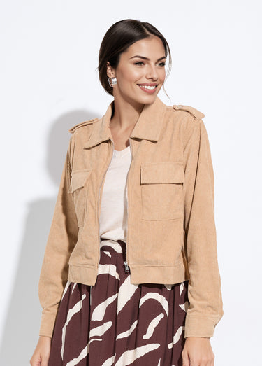 Blouson zippé court velours grosses cotes Beige