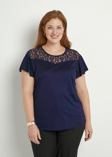 T-shirt manches courtes dentelle Marine