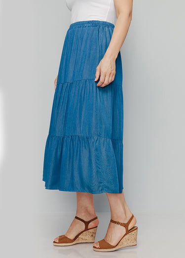 Jupe volantée  tissu viscose fluide Bleu Jean