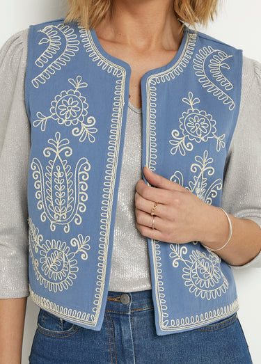 Gilet sans manches brodé style scandinave Bleu