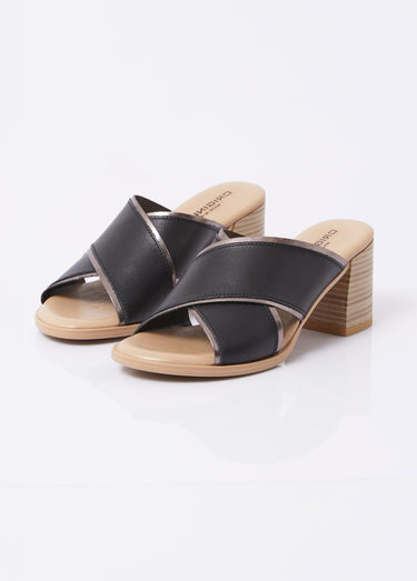 Mules brides croisées talon effet bois Noir