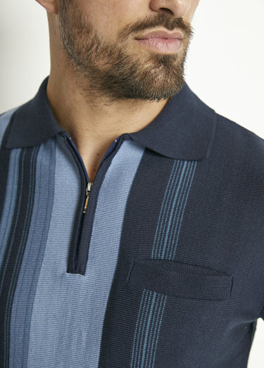 Polo zippé manches courtes rayures jacquard Marine