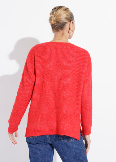 Pull maille mousseuse encolure bateau Rouge