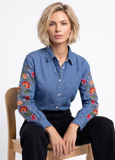 Chemise denim manches brodées et sequins Bleu Stone