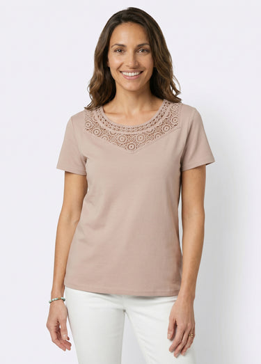T-shirt macramé coton uni manches courtes Beige