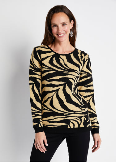 Pull doux jacquard zèbre col rond Beige/Noir