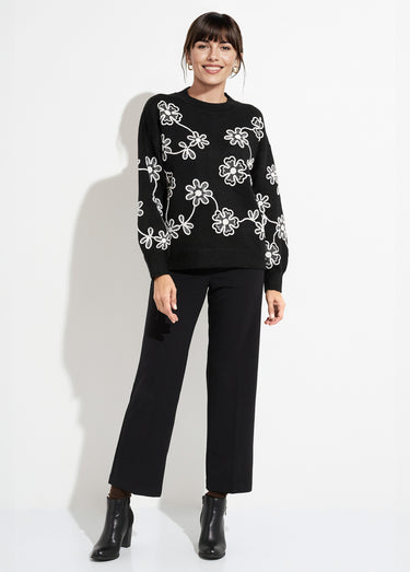 Pull montant application fleurs brodées Noir