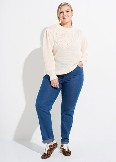 Pull col V maille fantaisie et sequins Ecru