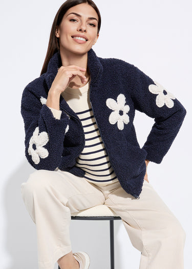 Blouson col montant motif grosses fleurs Marine