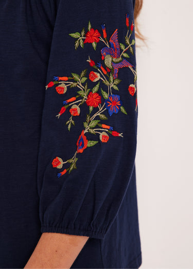 T-shirt long brodé manches 3/4 Marine