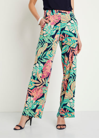 Pantalon large ceinture élastiquée feuillage Vert/Rose