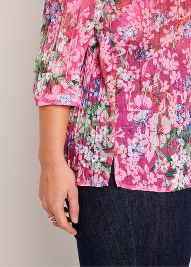 Tunique ample manches 3/4 fleurie Fond Fuchsia