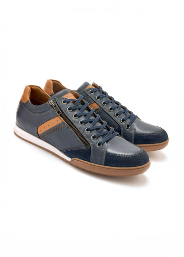 Baskets en cuir multimatières lacets et zip Marine