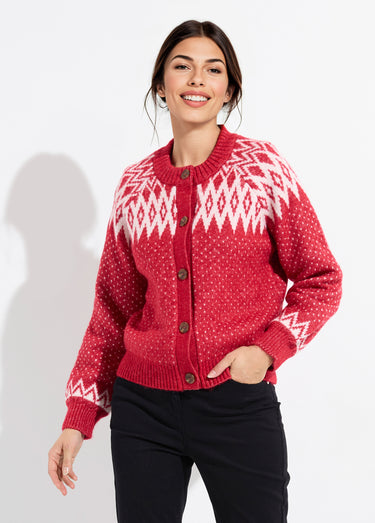 Gilet chaud boutonné jacquard graphique Rouge/Ecru