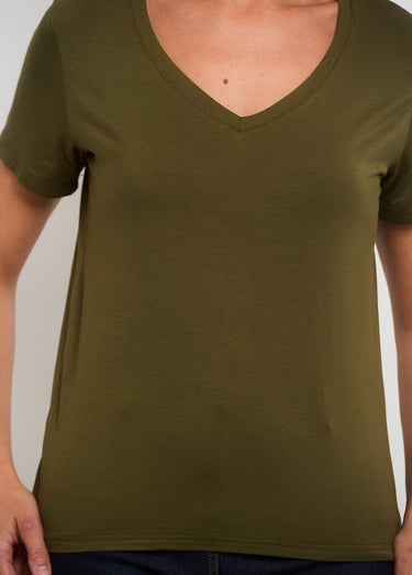 T-shirt fluide col V manches courtes Kaki