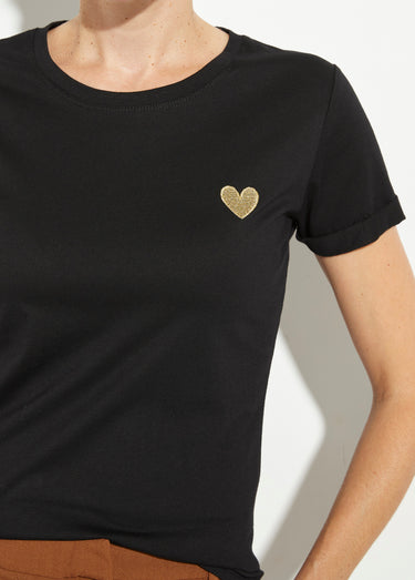 T-shirt col rond broderie coeur poitrine Noir