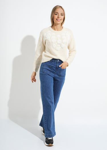 Pull moelleux col rond fleurs brodées Beige