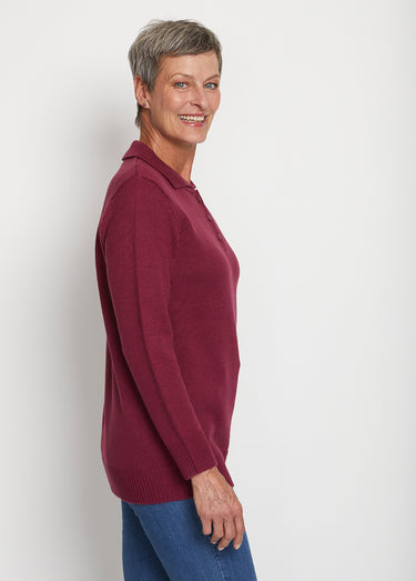 Pull col polo maille épaisse Prune