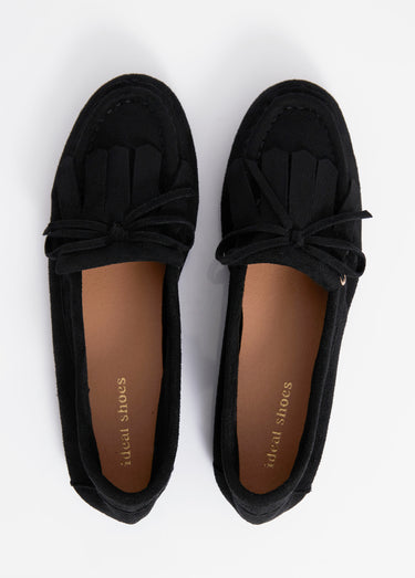 Mocassins semelle plate, dessus franges Noir