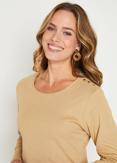 T-shirt marinière court coton manches longues Uni Camel