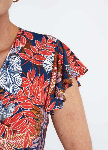 Tee-shirt long col V effet drapé Orange/Marine