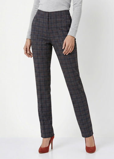 Pantalon droit taille semi élastiquée Carreaux Gris