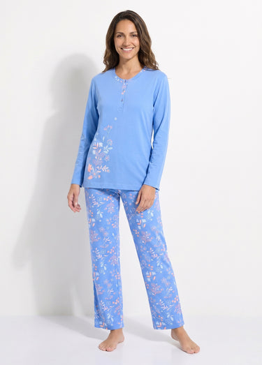 Pyjama manches longues coton uni fleuri Imprimé bleu/rose